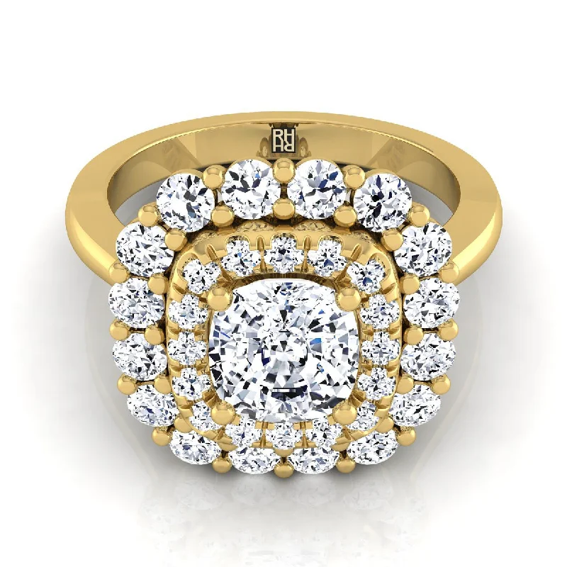 affordable engagement rings for men with diamonds-18K Yellow Gold Cushion Diamond Double Halo Floral Sunburst Engagement Ring -1ctw