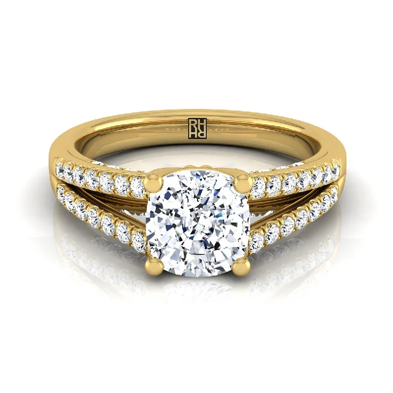 men’s silver engagement rings-18K Yellow Gold Cushion Diamond Split Shank French Pave Engagement Ring -1/3ctw