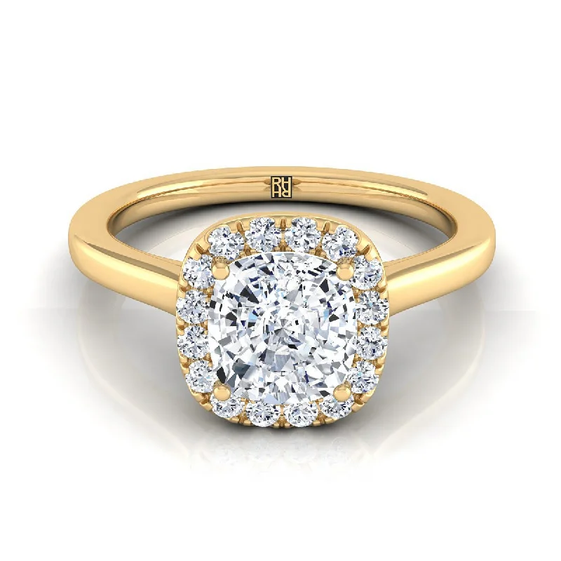 gold engagement rings with emeralds-18K Yellow Gold Cushion Diamond Modern Halo French Pave Engagement Ring -1/6ctw