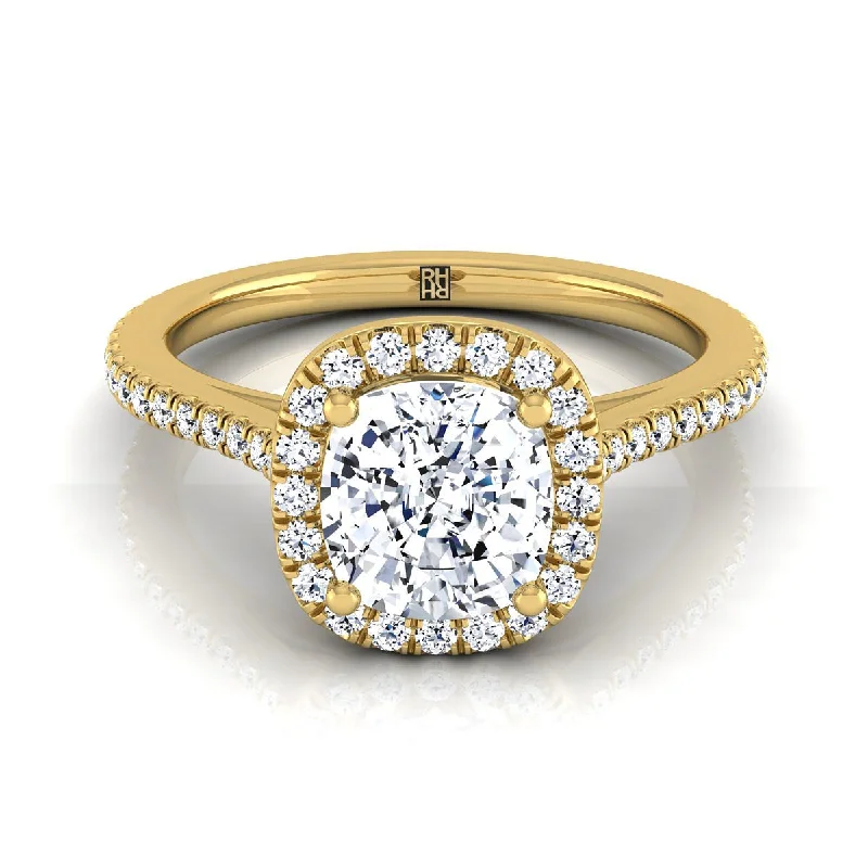 affordable engagement rings with rubies-18K Yellow Gold Cushion Classic French Pave Halo and Linear Engagement Ring -1/4ctw