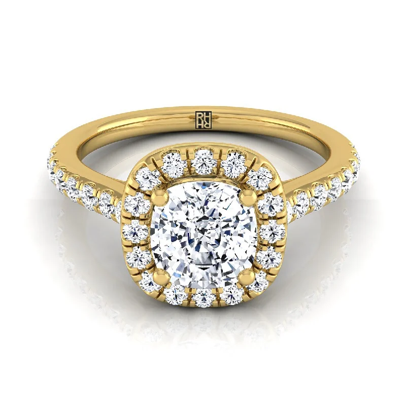 silver promise rings for men-18K Yellow Gold Cushion Diamond Classic Pave Halo Cathedral Style Engagement Ring -1/2ctw