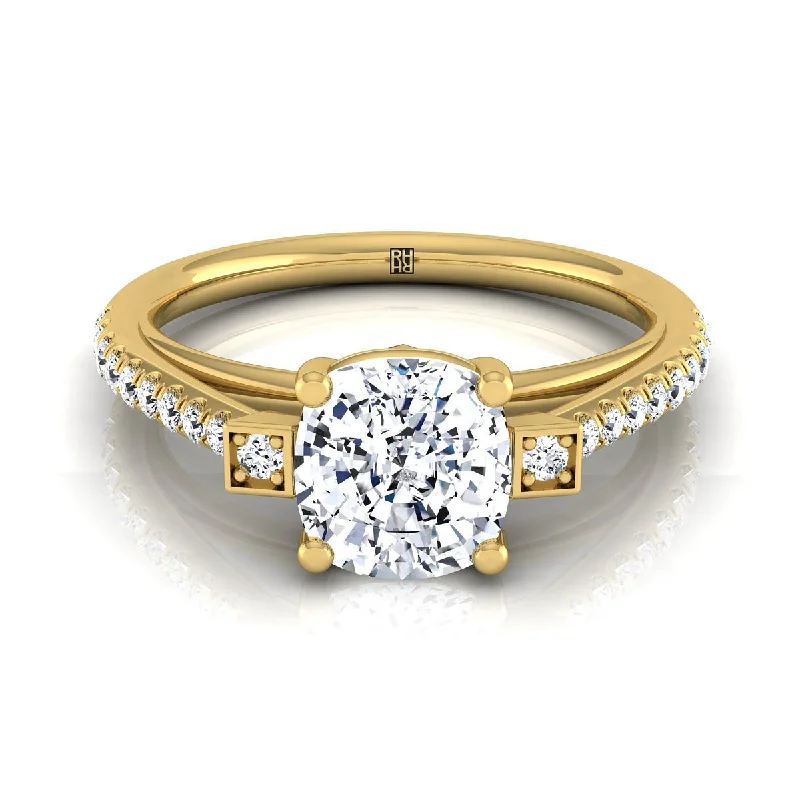 unique engagement rings for men-18K Yellow Gold Cushion Diamond Delicate Three Stone Pave Engagement Ring -1/3ctw