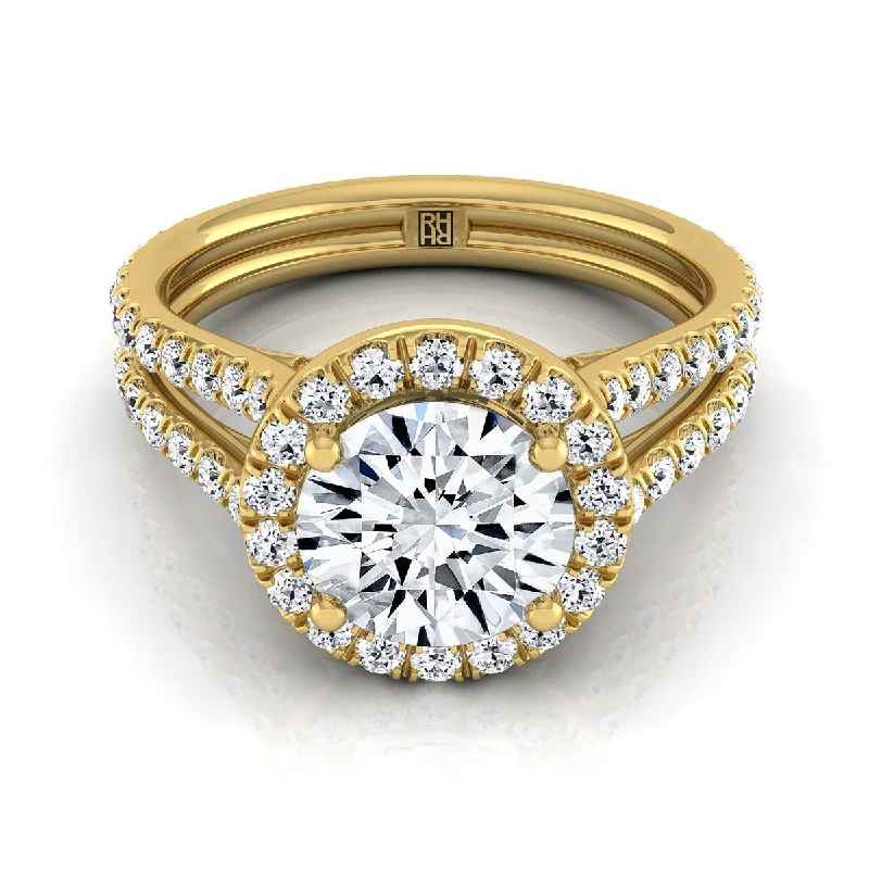 custom engagement rings for men-18K Yellow Gold Round Brilliant Diamond Halo Two Row Pavé Split Shank Engagement Ring -7/8ctw