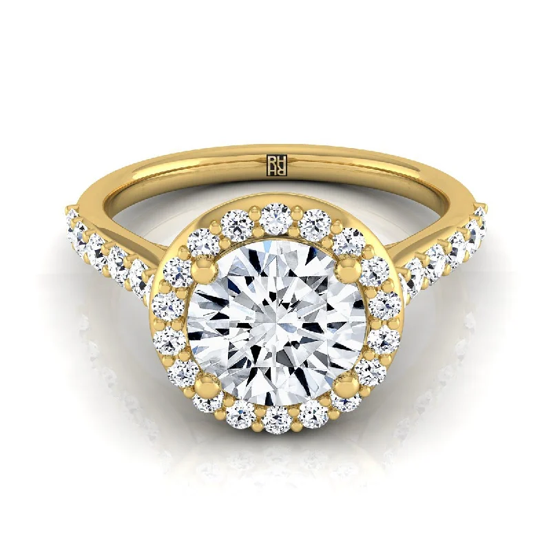 unique engagement rings for women with rubies-18K Yellow Gold Round Brilliant Diamond Shared Prong Halo with French Pave Engagement Ring -1/2ctw