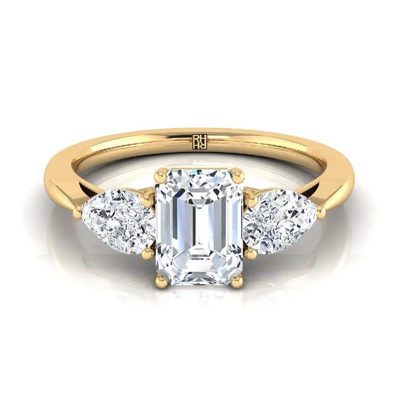 custom rings with initials for women-18K Yellow Gold Emerald Cut Diamond Perfectly Matched Pear Shaped Three Diamond Engagement Ring -7/8ctw