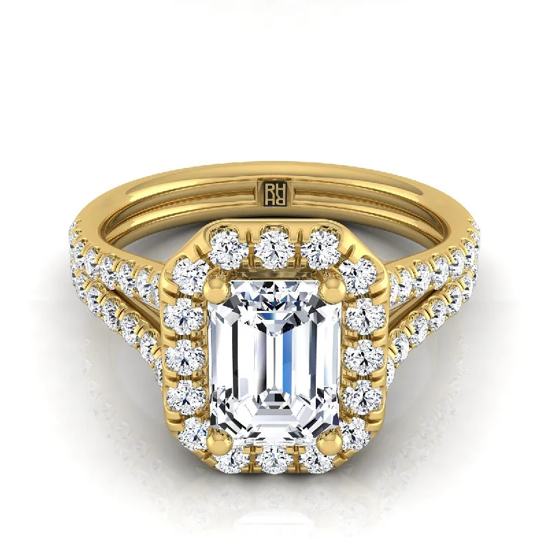 fashion wedding rings with diamonds-18K Yellow Gold Emerald Cut Diamond French Pave Split Shank Halo Engagement Ring -5/8ctw