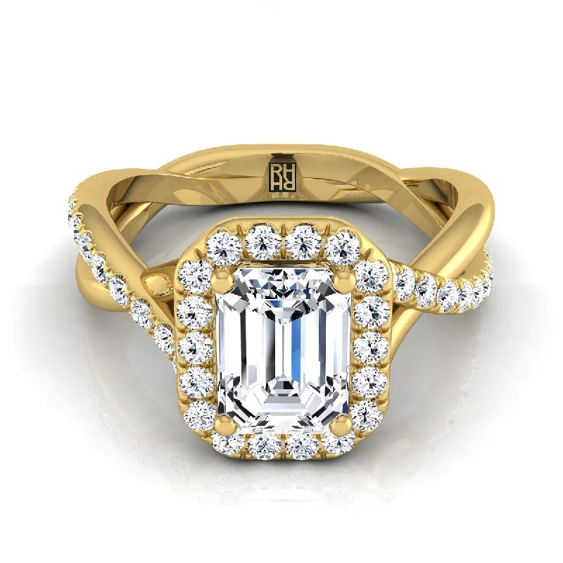 trendy gold wedding rings-18K Yellow Gold Emerald Cut Diamond Twisted Vine Halo Engagement Ring -1/2ctw