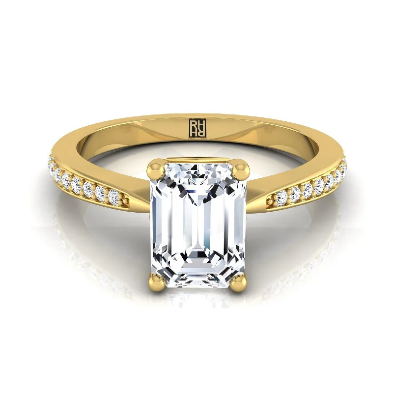 stackable engagement rings with diamonds-18K Yellow Gold Emerald Cut Diamond Tapered Pave Engagement Ring -1/8ctw