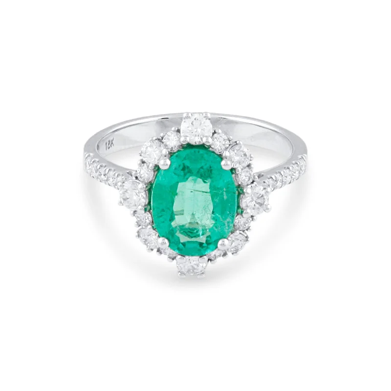 vintage rings for women with diamonds-Emerald Oval & Diamond Ring In 18K White Gold