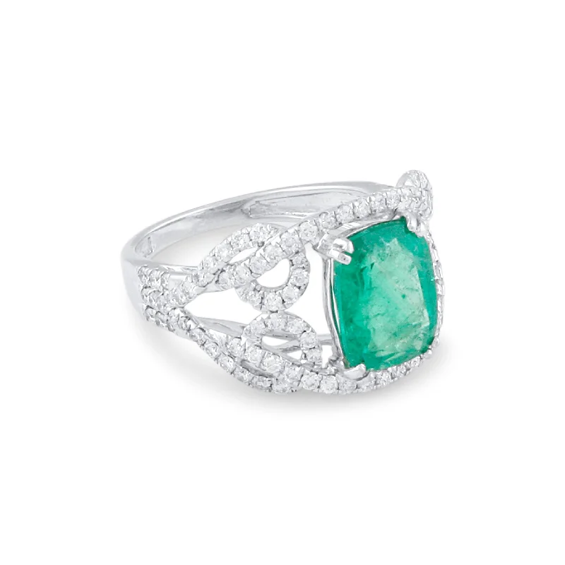 engagement rings for him with diamonds-Emerald Rectangle & Diamond Ring In 18K White Gold