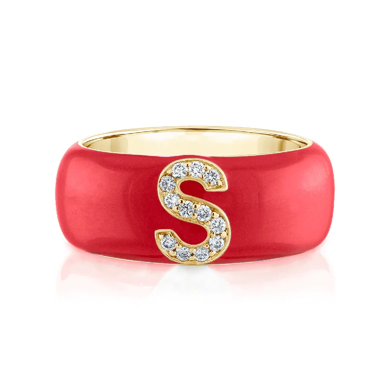 affordable wedding rings for women-Enamel and Diamond Initial Cigar Band