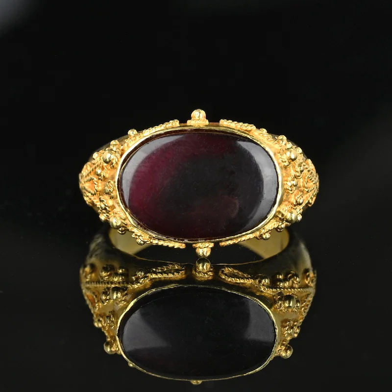 gold wedding bands with emerald stones-Etruscan 18K Gold East West Carnelian Signet Ring, Hammered Band