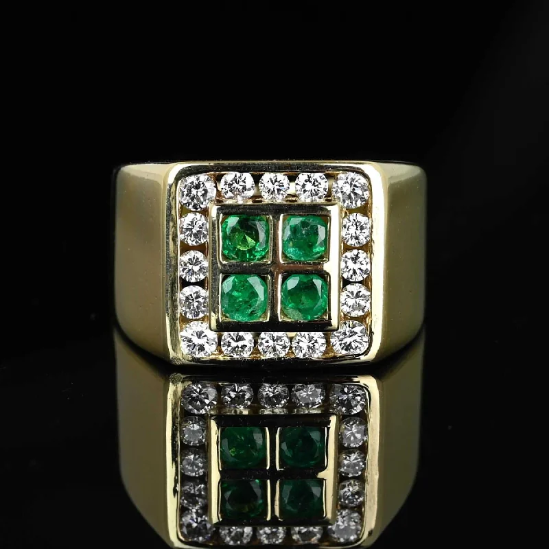 elegant wedding bands for women-Exquisite Emerald Diamond Halo Cluster Signet Ring in 14K Gold