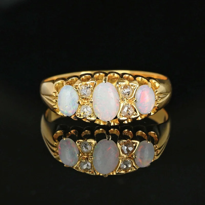 men’s silver rings with gemstones-Fine 18K Gold Rose Cut Diamond Three Stone Opal Ring Band