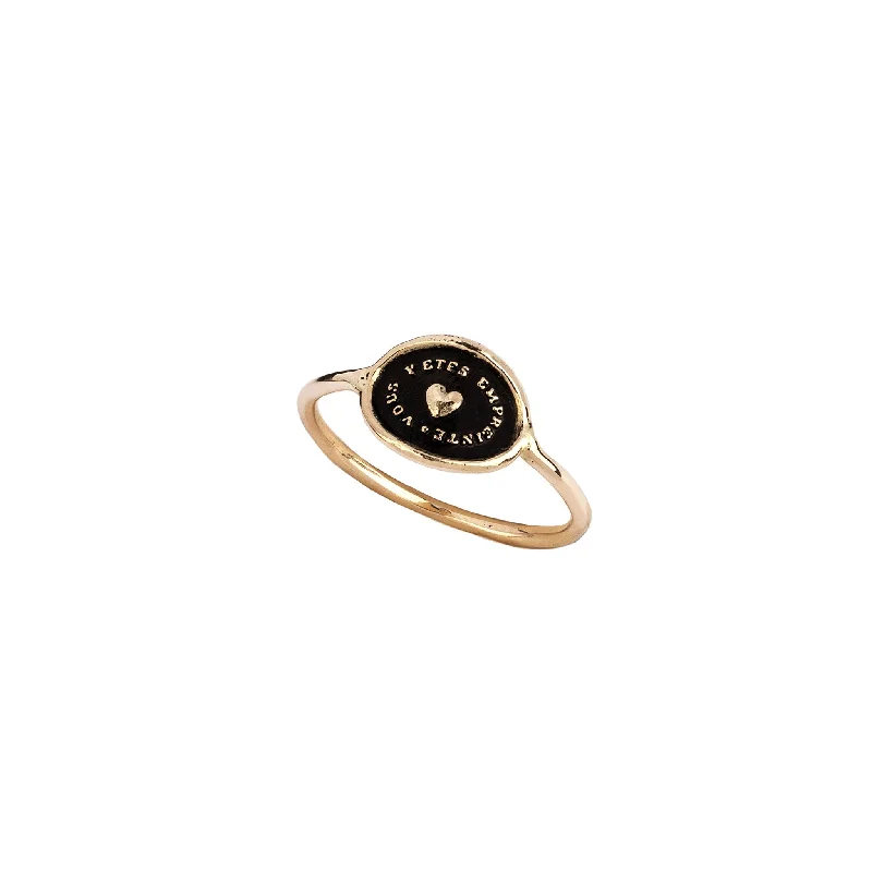 affordable wedding bands with diamonds-Heart Print 14K Gold Mini Talisman Ring