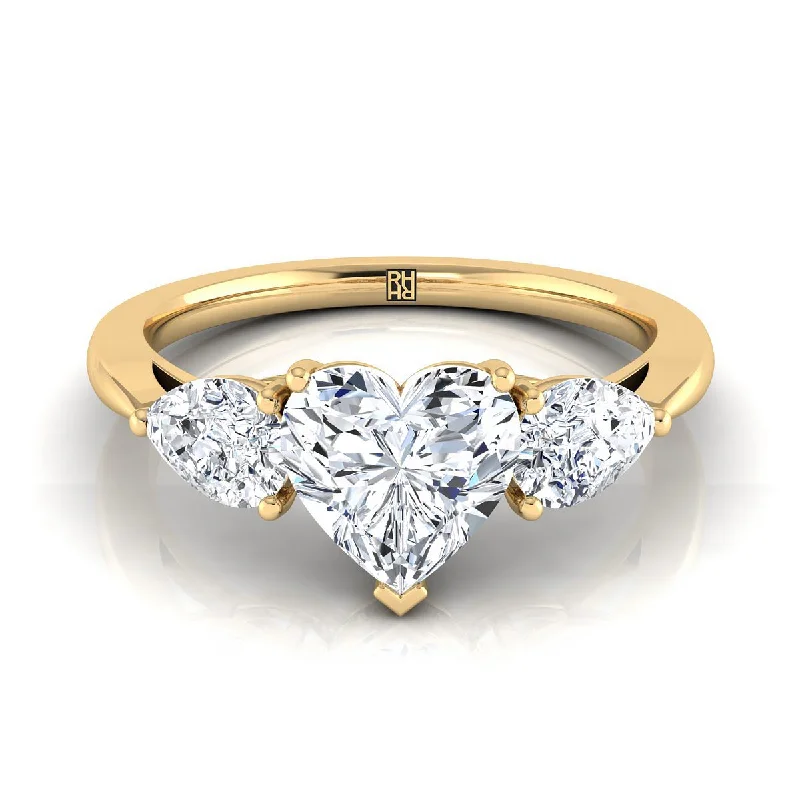 diamond engagement rings with gold bands-18K Yellow Gold Heart Shape Center Diamond Perfectly Matched Pear Shaped Three Diamond Engagement Ring -7/8ctw