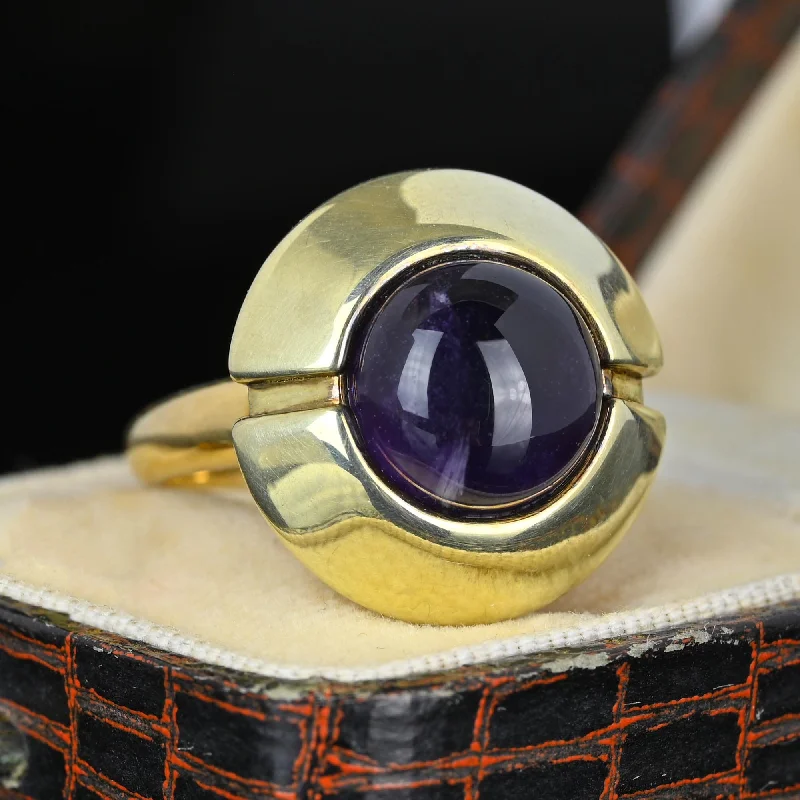 silver rings with emeralds for men-Heavy 14K Gold Amethyst Cabochon Target Style Ring