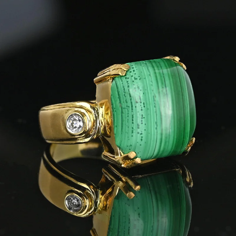 women’s promise rings with diamonds-Heavy 18K Gold 14CTW Cabochon Malachite Ring w Diamond Accents