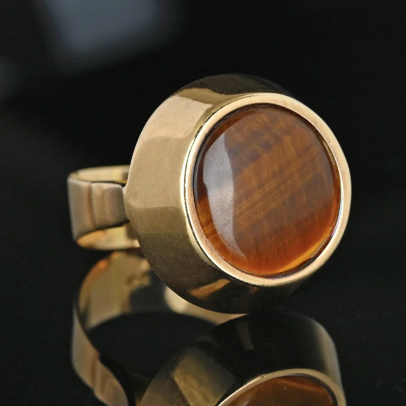 platinum engagement rings with diamonds-Heavy Modernist 14K Gold Tigers Eye Ring, 9.5 Grams