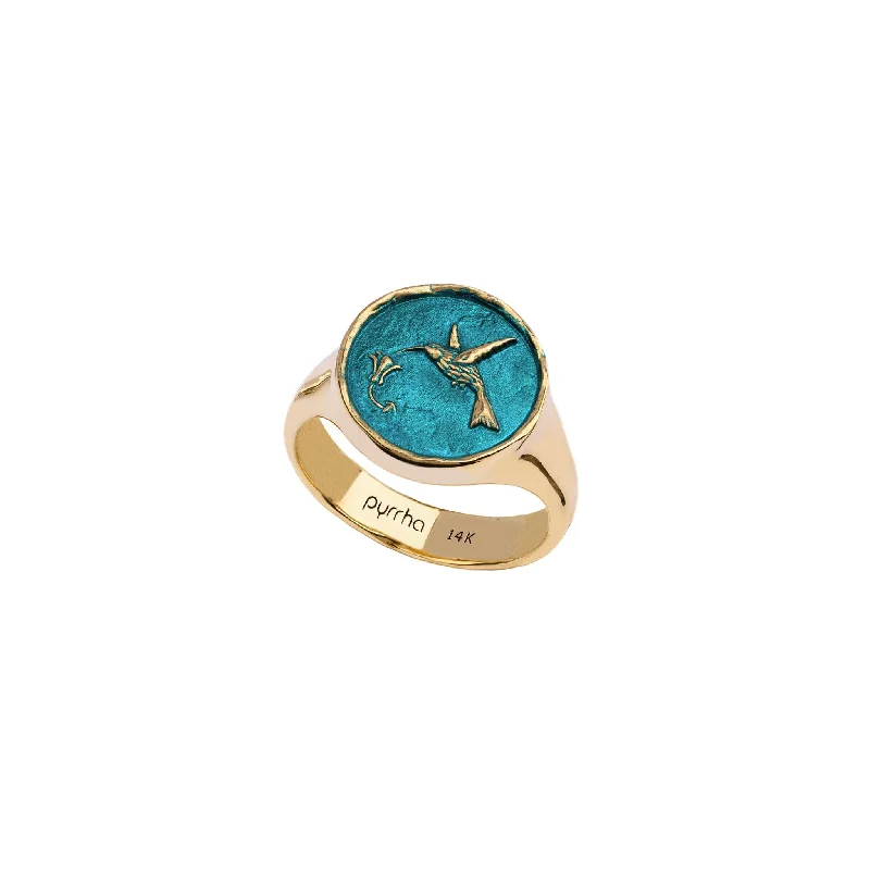 unique engagement rings for men with sapphires-Hummingbird 14K Gold Signet Ring - True Colors