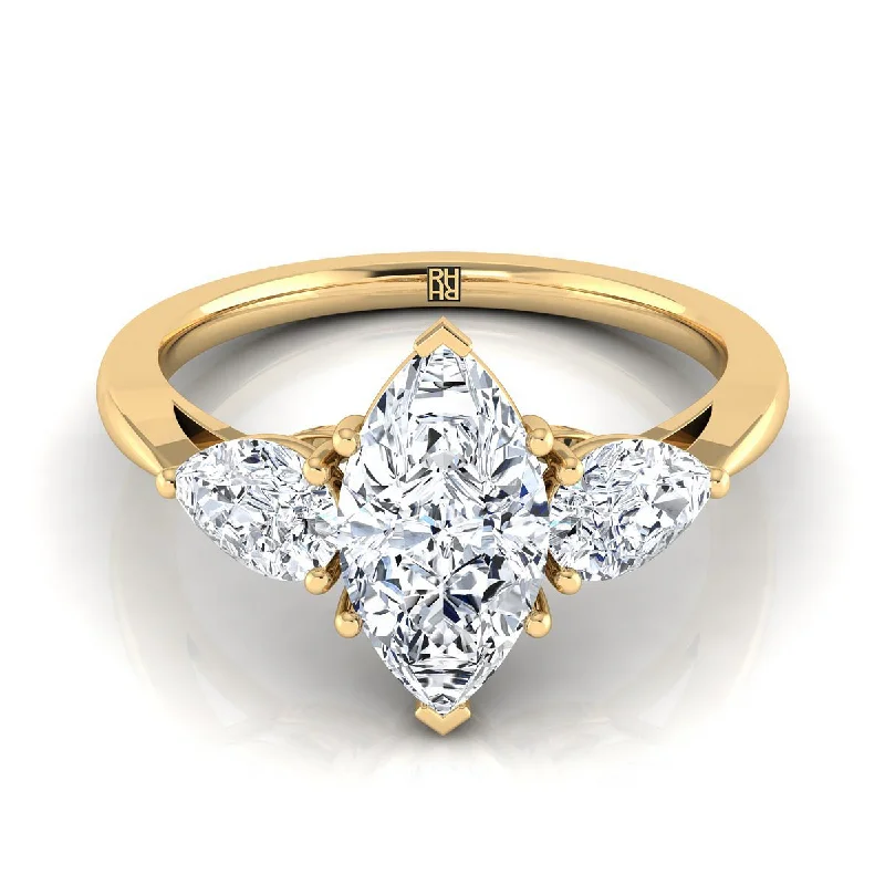 unique rings for couples with engraving-18K Yellow Gold Marquise  Diamond Perfectly Matched Pear Shaped Three Diamond Engagement Ring -7/8ctw