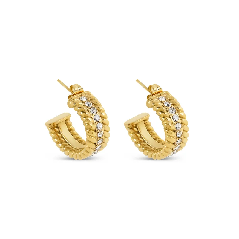 sparkling diamond drop earrings for glamorous wear -Curb Chain Stone Hoop Earrings - Gold