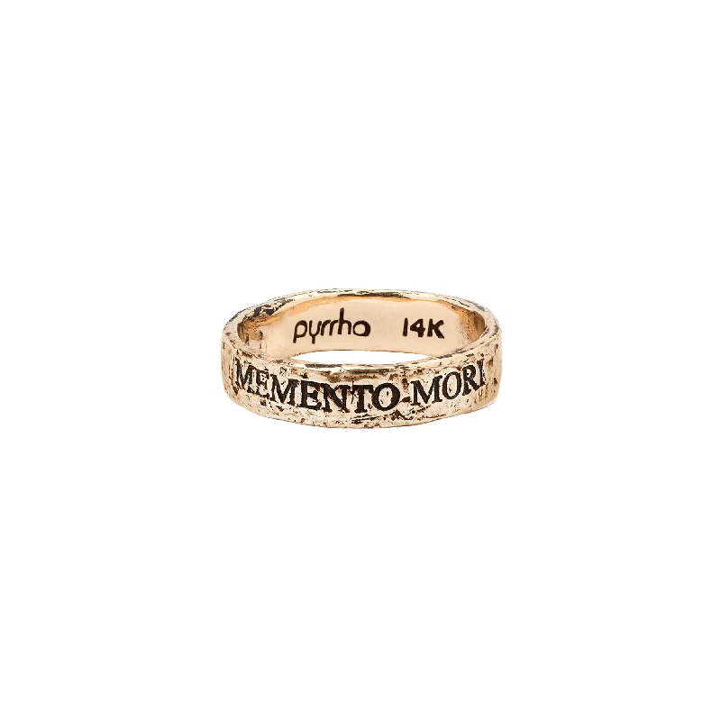 affordable wedding rings with emeralds-Remember You Will Die 14K Gold Latin Motto Band Ring