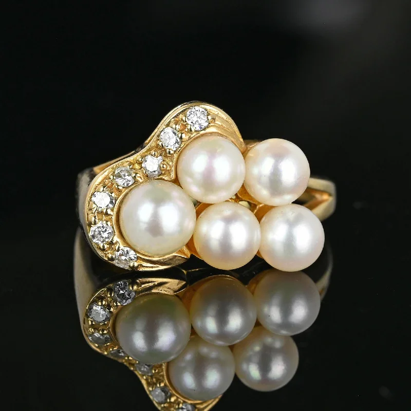 men’s silver engagement rings-Mid Century Gold Diamond Pearl Cluster Cocktail Ring