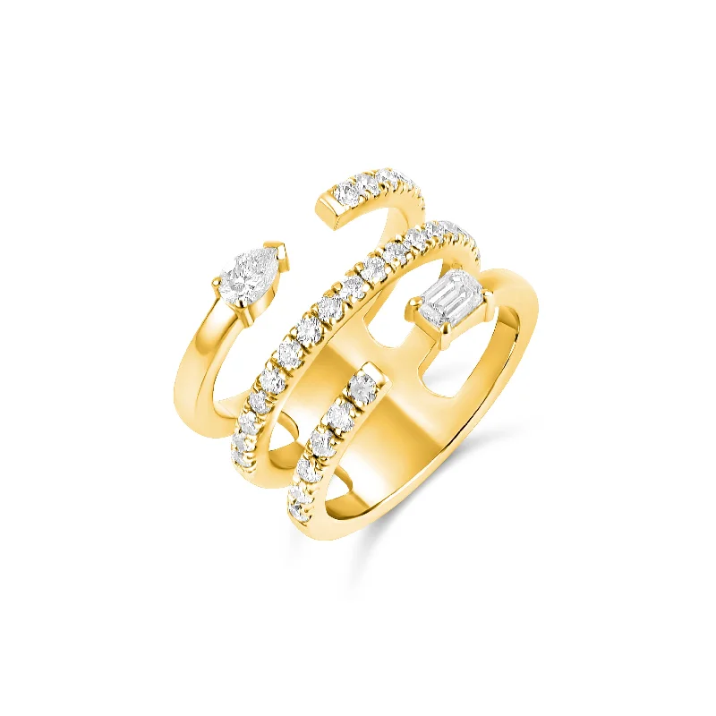 gemstone engagement rings with gold bands-Multishape Triple Row Diamond-on-Diamond Statement Ring