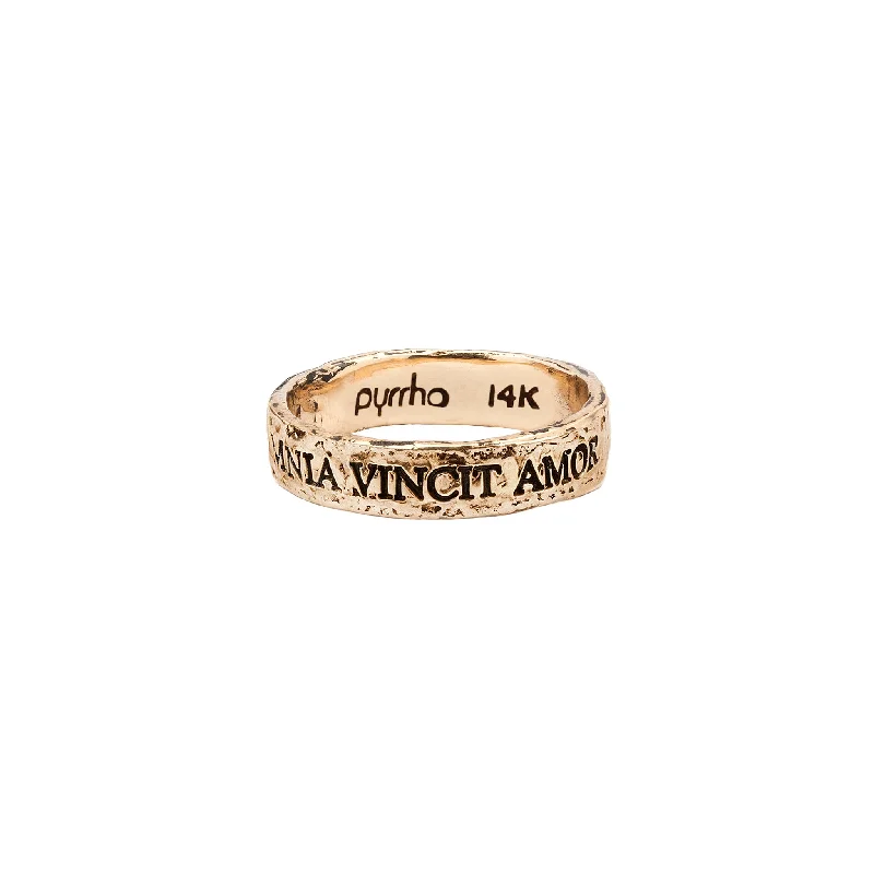 engagement rings with unique sapphires-Love Conquers All 14K Gold Latin Motto Band Ring