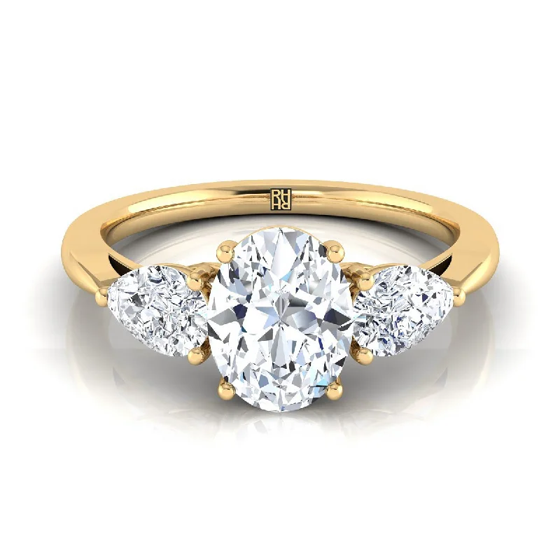 luxury wedding rings for men-18K Yellow Gold Oval Diamond Perfectly Matched Pear Shaped Three Diamond Engagement Ring -7/8ctw