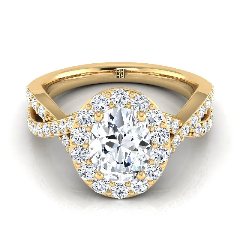 silver rings for men with diamonds-18K Yellow Gold Oval Twisted Open Lattice Diamond Halo Engagement Ring -3/4ctw