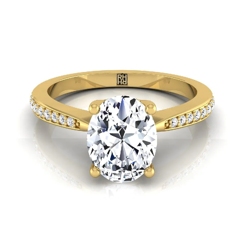 trendy gold wedding rings-18K Yellow Gold Oval Diamond Tapered Pave Engagement Ring -1/8ctw