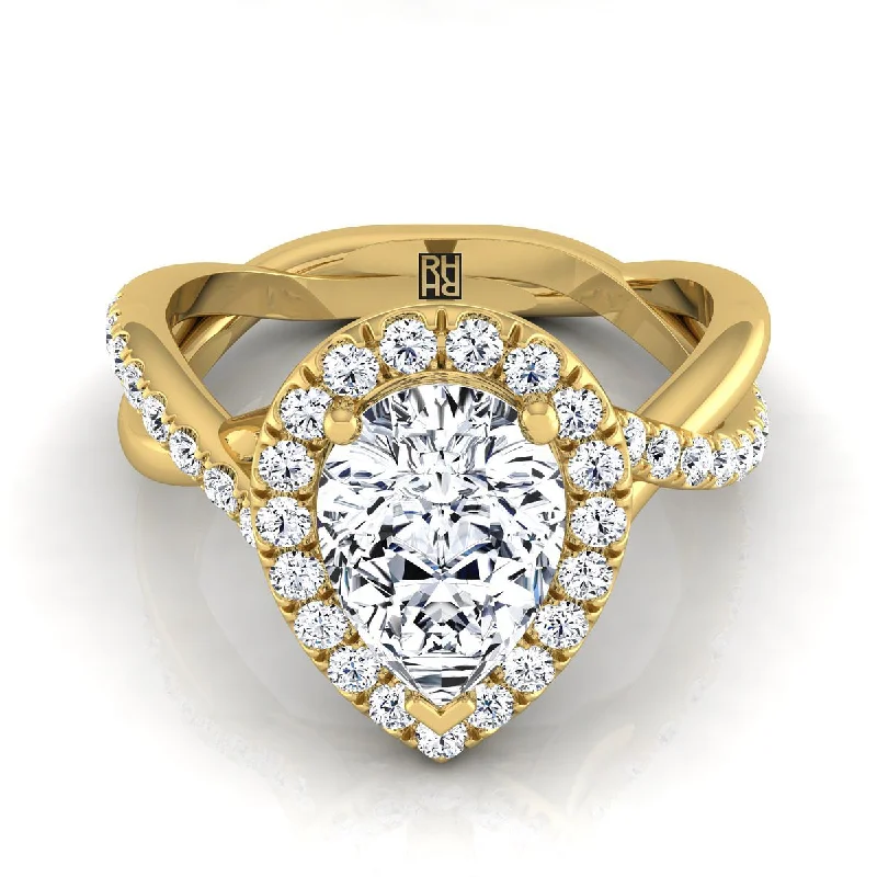 men’s silver engagement rings-18K Yellow Gold Pear Shape Center Diamond Twisted Vine Halo Engagement Ring -1/2ctw