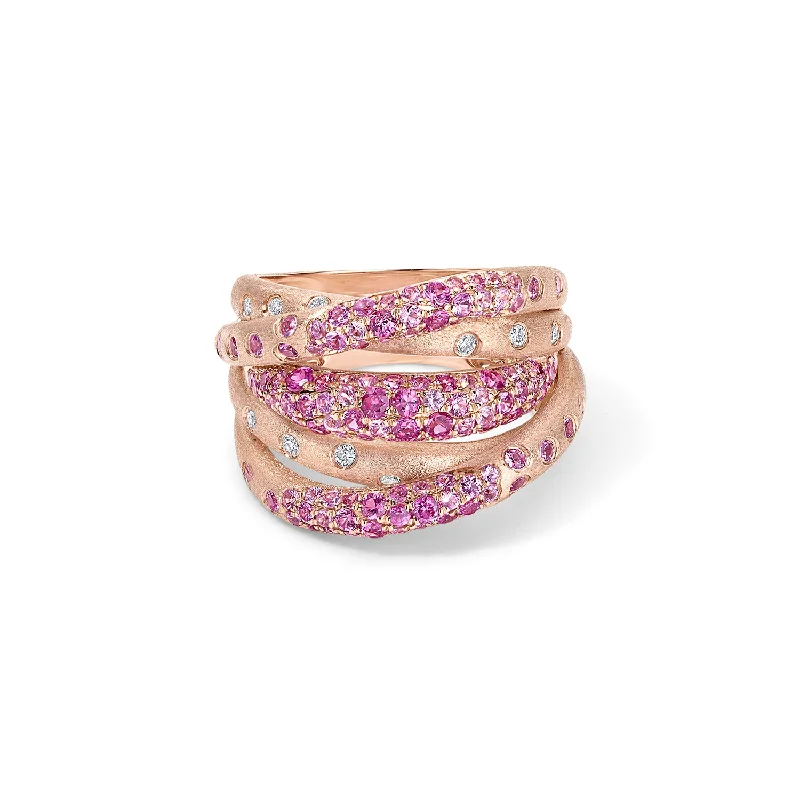 affordable rings with diamonds-Scattered Pink Sapphire and Ruby Multi Row Ring