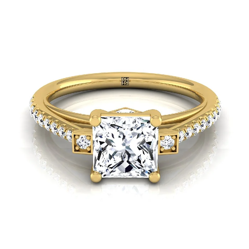 classic engagement rings for men-18K Yellow Gold Princess Cut Diamond Delicate Three Stone Pave Engagement Ring -1/3ctw