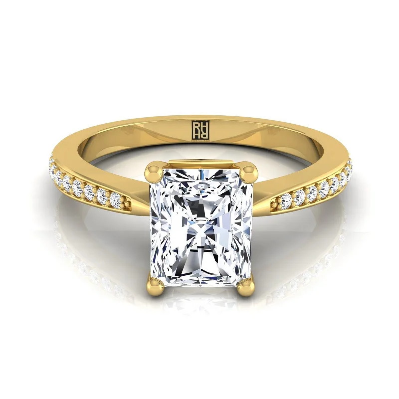 silver wedding rings with gemstones-18K Yellow Gold Radiant Cut Center Diamond Tapered Pave Engagement Ring -1/8ctw