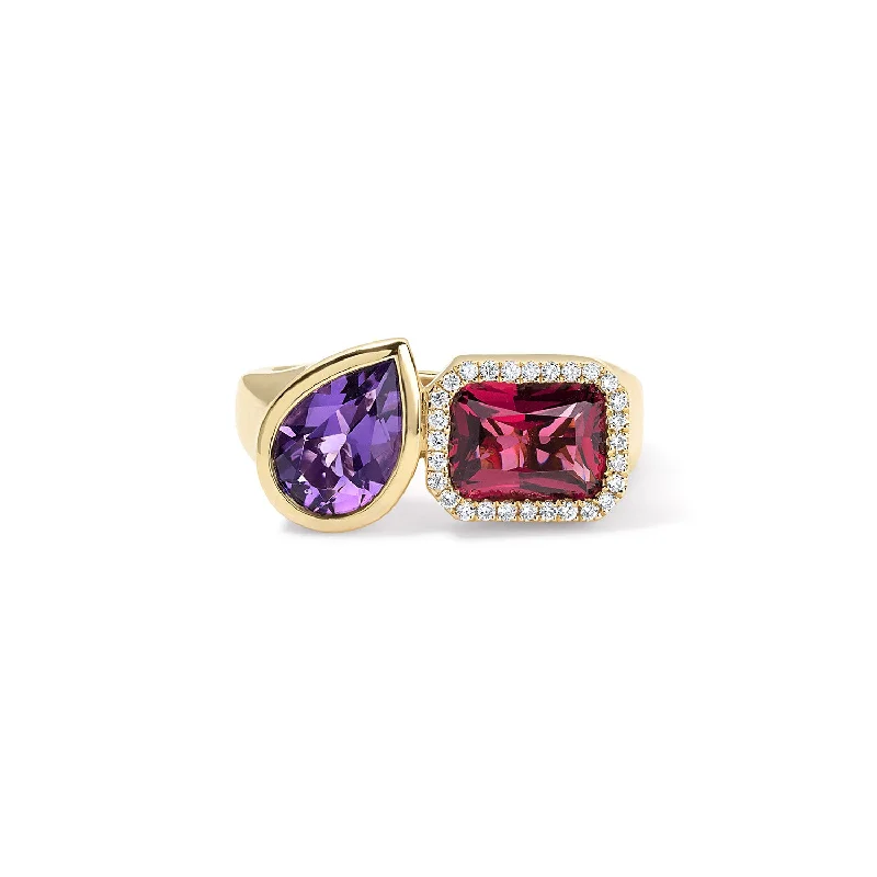 stackable engagement rings for women-Rhodolite and Amethyst Toi Et Moi Ring with Diamond Halo