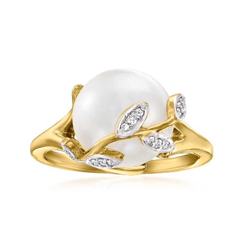 classic engagement rings for couples-Ross-Simons 11-11.5mm Cultured Pearl Leaf Ring With Diamond Accents in 18kt Gold Over Sterling