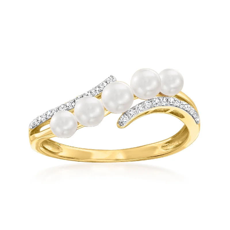 affordable custom engagement rings-Ross-Simons 3-4mm Cultured Pearl and . Diamond Wave Ring in 14kt Yellow Gold