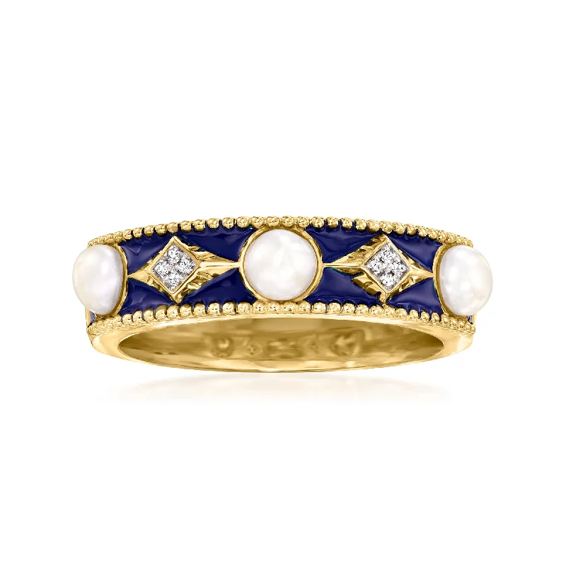 custom engraved wedding bands for couples-Ross-Simons 3.5-4mm Cultured Button Pearl Ring With Blue Enamel and Diamond Accents in 18kt Gold Over Sterling