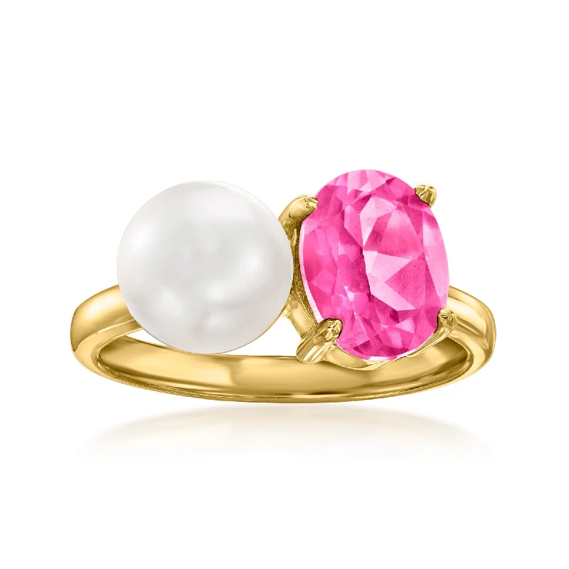 simple diamond rings for engagement-Ross-Simons 7.5-8mm Cultured Pearl and Pink Topaz Toi Et Moi Ring in 18kt Gold Over Sterling