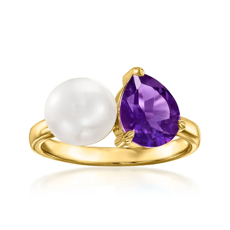 diamond wedding rings with platinum-Ross-Simons 7-7.5mm Cultured Pearl and Amethyst Toi Et Moi Ring in 18kt Gold Over Sterling