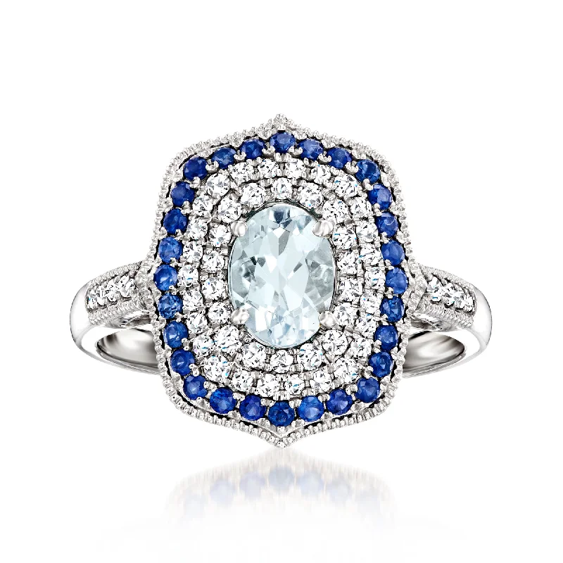 unique gold rings for women-Ross-Simons Aquamarine and . Diamond Ring With . Sapphires in 14kt White Gold