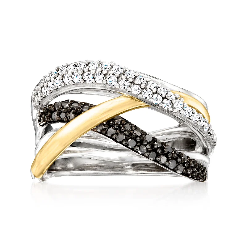 affordable wedding rings with rubies-Ross-Simons Black and White Diamond Highway Ring in Sterling Silver and 14kt Yellow Gold