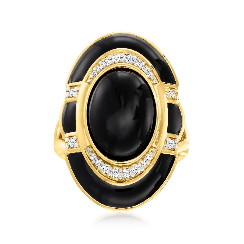 best rings for wedding proposals with diamonds-Ross-Simons Black Onyx and Diamond Ring With Black Enamel in 18kt Gold Over Sterling