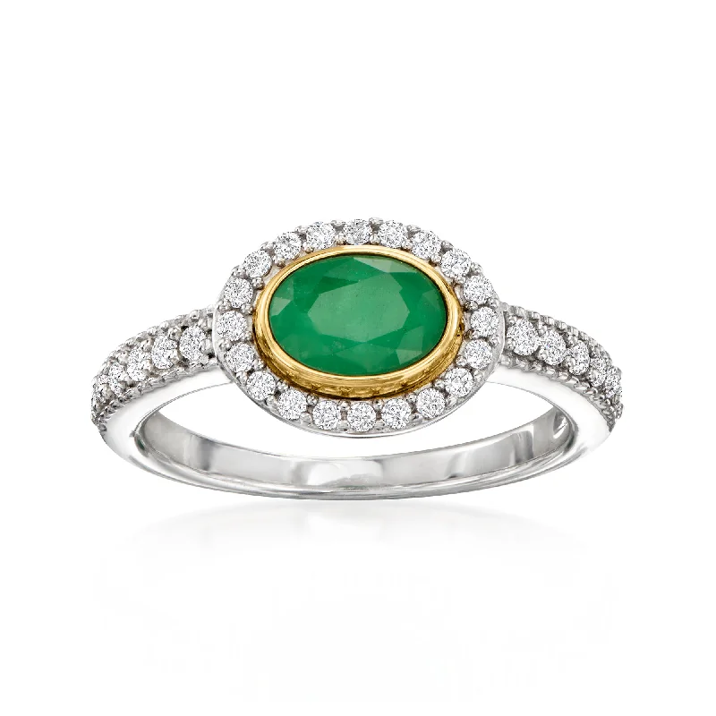 fashion wedding rings with diamonds-Ross-Simons Emerald and . White Zircon Ring in Sterling Silver With 14kt Yellow Gold