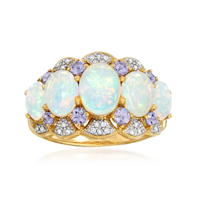 men’s wedding bands with gemstone accents-Ross-Simons Ethiopian Opal and Tanzanite Ring With Diamonds in 14kt Yellow Gold