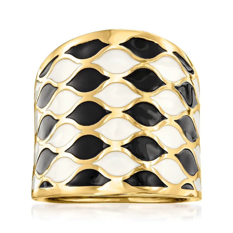 affordable rings with diamonds-Ross-Simons Italian Black and White Enamel Ring in 14kt Yellow Gold