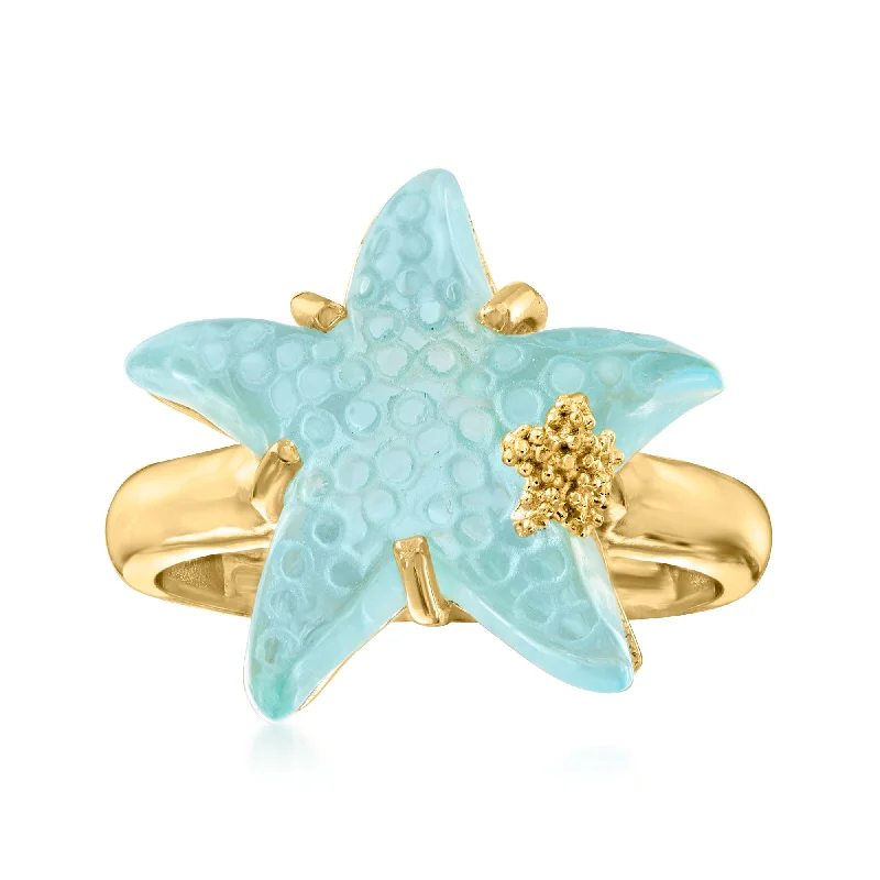 affordable wedding rings for women-Ross-Simons Italian Tagliamonte 16mm Blue Venetian Glass Starfish Ring in 18kt Gold Over Sterling